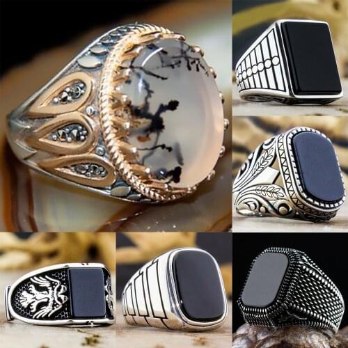 2021 Retro Handmade Turkish Jewelry Vintage Ottoman Mens Eagle Ring Inlaid Black Onyx Stone Ring Party Punk Motor Biker Jewelry