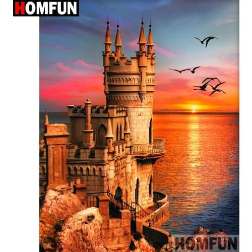 HOMFUN Diamond Painting "Castle sunset sea"Cross Stitch Custom Photo Diamond Embroidery Square Round Drill Home Decor A30183