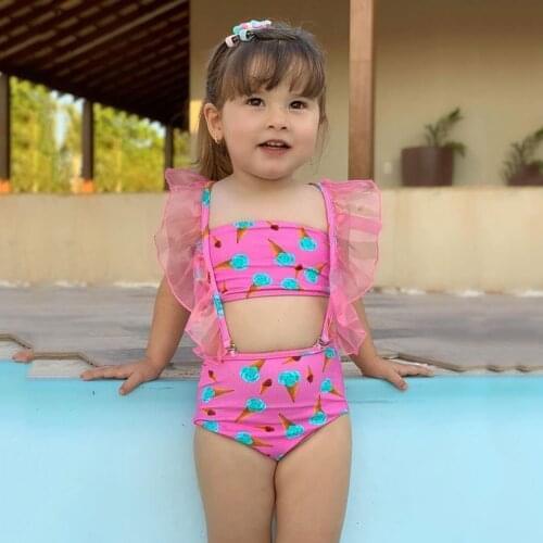 Baby Swimwear For Girls Toddler Kids Baby Girls Vest Lace Ice Cream Print Detachable Swimsuit Beachwear Baby Swimwear For Girls