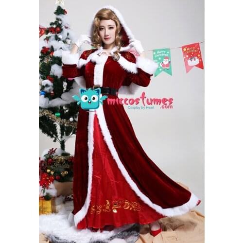 Women Mrs Claus Adult Red Gown Robe Bronzing Nylon Performance Outfit Cosplay Costume for Christmas with Hooded Cloak and Belt