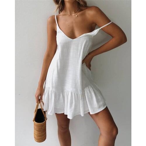 2020 NEW Loose Summer Dresses Cotton Ruffle sexy V-Neck Casual Spaghetti Strap Mini Beach cover up sundress Pareo Q057