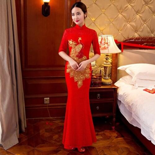 Red Lace Embroidery Phoenix Chinese Traditional Cheongsam Elegant Bride Wedding Party Dress Mermaid Sexy Long Qipao Plus Size