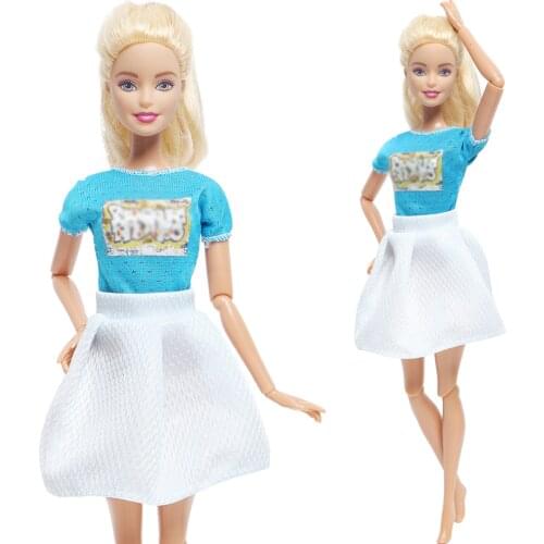 Cute Summer Doll Dress Blue Tops White Skirt Daily Casual Wear Mini Gown Clothes for Barbie Doll Accessories Kids Dollhouse Toy
