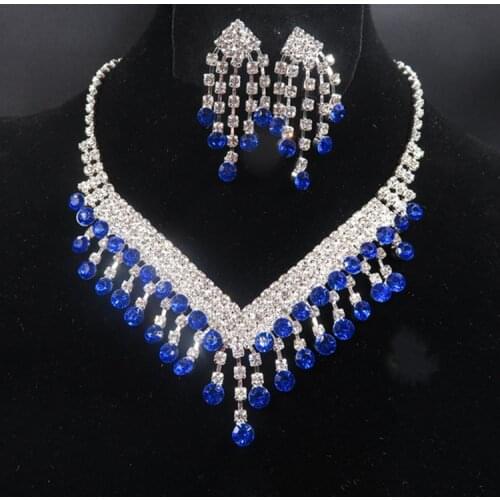Trendy Female Blue Crystal Jewelry Set Charm Silver Color Dangle Earring For Women Dainty Zircon Stone Wedding Chain Necklace