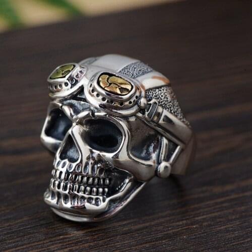 S925 sterling silver antique style skull male open ring