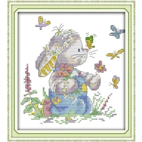 Bunny and Butterflies 2 cross stitch kit aida 14ct 11ct count print canvas cross stitches needlework embroidery DIY handmade