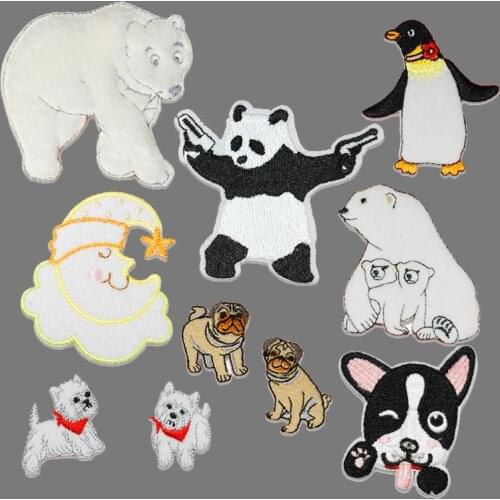 New White Bear Animal Embroidery Iron On Sweet Dog Patches For Clothing Moon Oldman Schnauzer Stickers