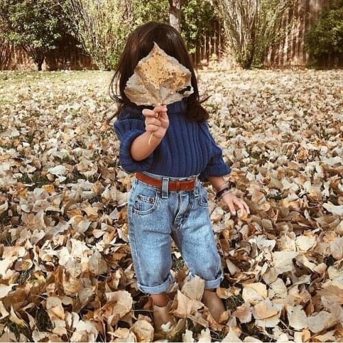 2Pcs Kids Outfits, Solid Color High Collar Long Sleeve Ribbed Knitted Tops + Elastic Waist Denim Trousers for Girls, 2-7Years