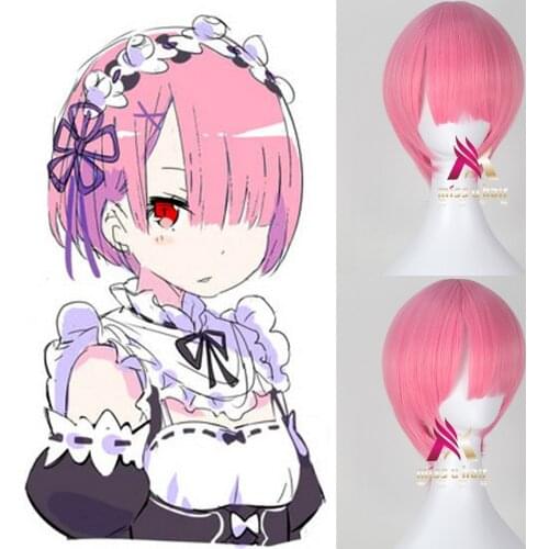 Re:Life In A Different World From Zero Graduated Ram Rem Cosplay Wig for Women LAMU Short Straight Pink Blue Anime Wig +wig cap