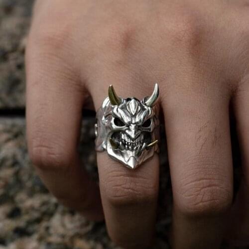 Prajna Mask Ghost King Skull Ring Trendy Male Personality Silver Hollow Index Finger Live Opening Adjustable Hip Hop