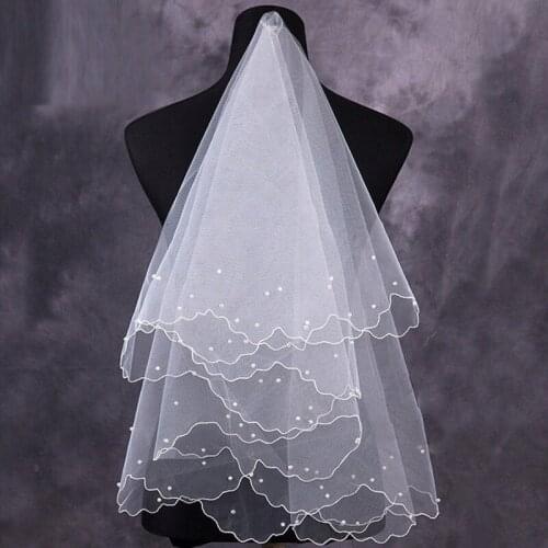 Romantic White Pearl Veil Bridal Elbow Short Satin One-Layer Veil Wedding Party