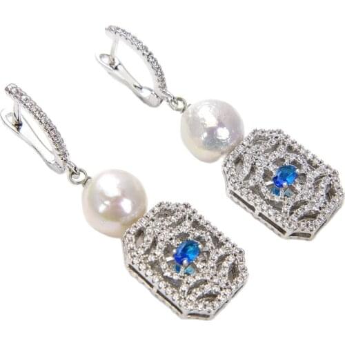 JK Blue 9-10MM White Round Keshi Pearl CZ Connector Earrings