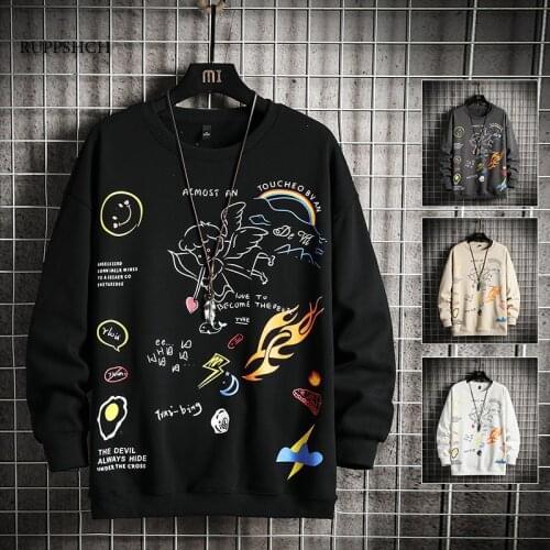 RUPPSHCH Anime Print Hoodie Sweatshirt Men and Women Love Cupid Street Wearing Hip Hop Mens Casual Sweatshirt Oversized