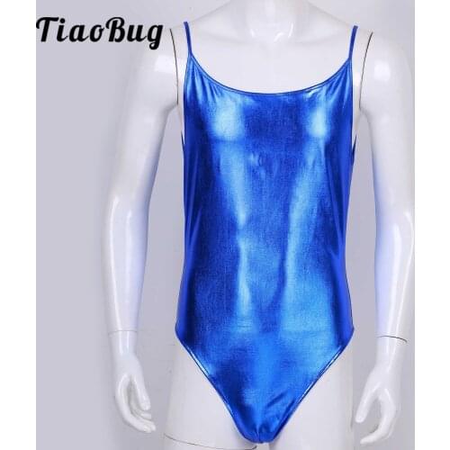 Men Dance Leotard Sissy Shiny Metallic Spaghetti Strap Sleeveless Bodysuit Lingerie Night Stage Performance Clubwear