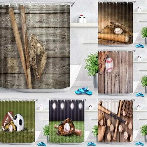 Vintage Wooden Board Baseball Shower Curtains Fabric Retro Bath Curtain Waterproof Sports Theme Bathroom Home Decor Bath Screens