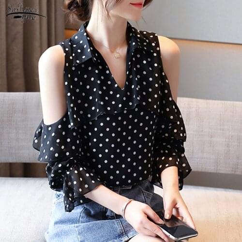 Korean Style Polka Women Blouses Summer Plus Size Womens Shirt Tops Casual Off Shoulder Loose Chiffon Blouse Blusas Femme 13344