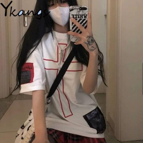 Cartoon Applique Graphic Embroidery Oversized T-shirt Women Harajuku Aesthetic Short Sleeve Blouses Ulzzang Korean Fashion Tops