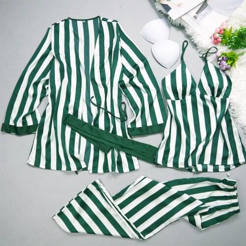 JULYS SONG 2020 New Faux Silk Pajamas Set Satin Chiffon Stripe Women Nightwear Girls Sleepwear Sets Spring Autumn Homewear