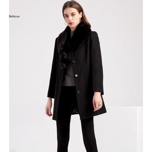 Womens New Fashion Woolen Coat Winter Mid-Length Coat with Detachable Fur Collar