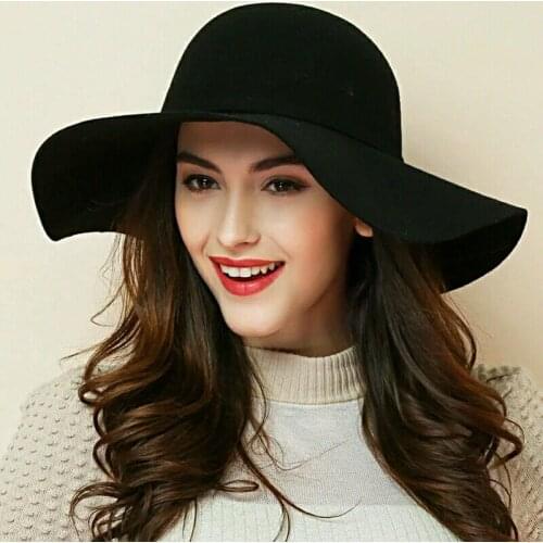 13 Colors)High Quality 100% Wool Fashion New Vintage Women Ladies Floppy Wide Brim Wool Felt Fedora Cloche Hat Cap