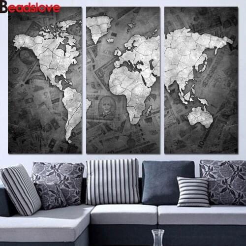 3d diamond embroidery World Map Black and White diy diamond painting full square round 3 pcs cross stitch mosaic multi-pictures