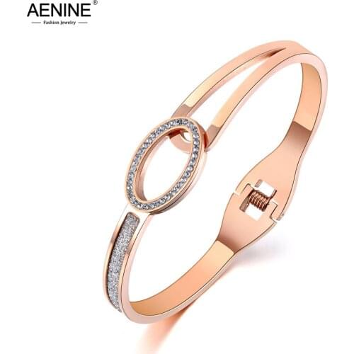 AENINE Stainless Steel Oval Rhinestone Wedding Bangle Bracelets Jewelry For Women Geometry Bracelet Anniversary Day Gift AB19034