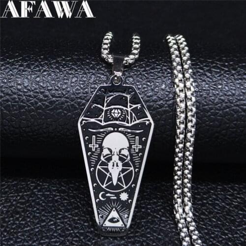 AFAWA Witchcraft Vulture Coffin Pentagram Inverted Cross Stainless Steel Necklaces Pendants Women Silver Color Jewelry N3315S02