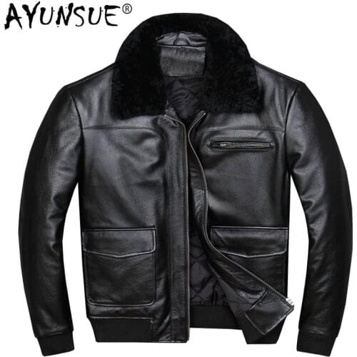AYUNSUE Genuine Leather Jacket Men Autumn Winter Sheepskin Coat Pilot Bomber Jacket Wool Collar Short Real Leather 818 KJ1338
