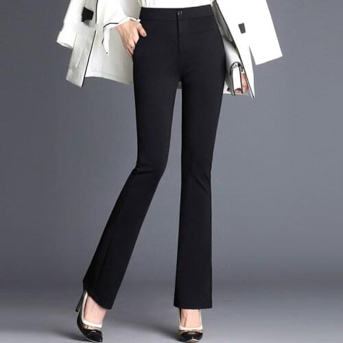 Women Spring Black Navy Blue Solid Long Flare Pants Formal Office Lady High Waist Trousers Elegant Slim Business Suits