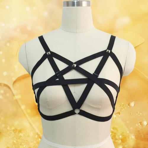 Black Sexy pentagram Lingerie fetish Frame chest cage elastic pentagram body harness bra top harness belt suspenders stocking