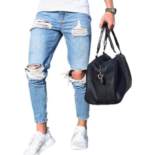 Men Jeans Denim Pants destroyed ripped Stretch Breathable Cotton Blend Fashion Ankle pants slim stretch skinny jeans