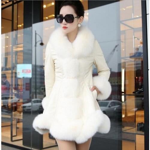Elegant Fashion Winter Faux Fur Fur Coat Female Fox Fur Collar Leather Down Jacket Cotton Coat Long Sleeve Slim Warm Coat