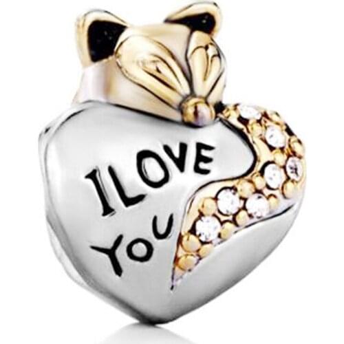 European Charm Bead "I Love You" Fox Heart fit Pandora charm bracelet women jewelry holiday gifts