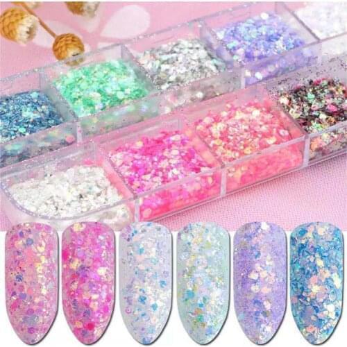 3D Fluorescent Nail Glitter Flakes Set Holographic Powder Sequins Paillette Manicure Nail Art Pigment Decoration Tools