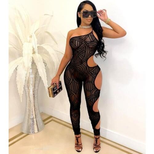 One Shoulder Spaghetti Strap Print Romper Women Jumpsuit Sexy Hollow Out Pants Bodycon See Through Club Jumpsuit Women Outfits