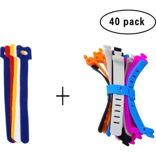 20Pcs Reusable Hook and Loop Fastening Cable Ties with Microfiber Cloth and 20PCS Silicone Bag Ties Cable Management