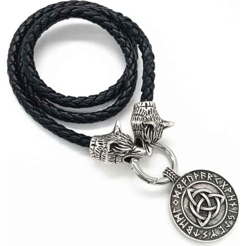 Nostalgia Trinity Symbol Irish Knots Viking Runes Round Pendant Men Necklace With Wolf Head Leather Chain