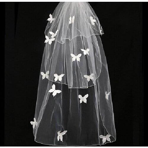 New Real Wedding Veils with Blusher 3 Layers Short Bridal Veil with Butterfly Appliques Bridal Accessories Ivory Tulle