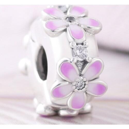 Original Pink Daisy Flower With Crystal Clip Stopper Beads Fit 925 Sterling Silver Charm Bracelet Bangle Diy Jewelry