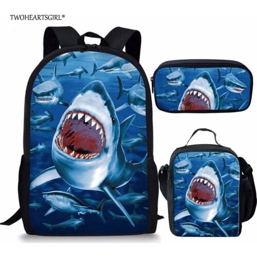 Twoheartsgirl Ocean Style Shark Print Boys Girls School Bag Sets Cool 3d Kids Backpack Primary Middle School Student Bookbags