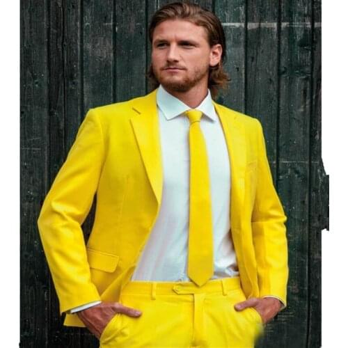 Custom Made Fashion Groom Tuxedos Yellow One Button Notch Lapel Men Suits Male Business Casual Solid Color(Jacket+Pants+tie)