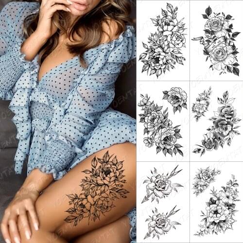 Lines Roses Snake Flowers Temporary Tattoo Sticker For Men Women Adult Peony Waterproof Fake Henna Body Art Tattoo Decal