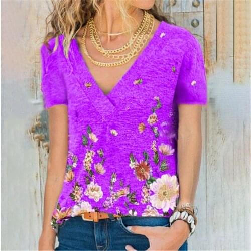 Neckline Cross Short Sleeve Tops And Tees Women 2021 Summer Vintage Floral Print Ladies Oversized Boho T-shirt