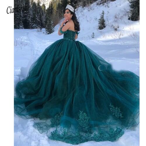 Hunter Green Sparkly Beading Appliques Ball Gown Quinceanera Dresses Off The Shoulder Sleeveless Sweet 16 Dress Prom Party Dress