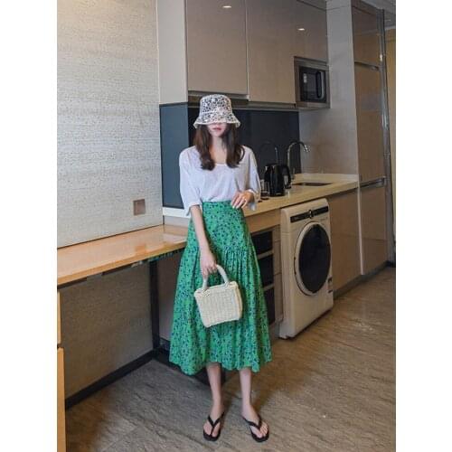 Green Floral Skirt Womens Summer 2021 New High-waist A-line Plus Size Skirt Is Thin and Flesh-covered Mid-length Skirt