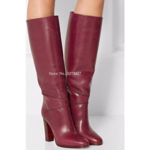 Woman Wine Red Leather Chunky Heel Platform Long Boots Newest Brand Design Large Size Thick Heel Knee Boots Ladies Runway Shoes