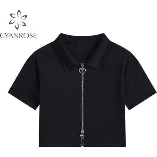 Gothic Punk Heart Zipper Black Crop Tops Womens 2021 Summer New Streetwear Basic Blouse Harajuku Casual Polo Collar Tide Blusas