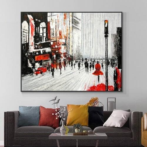 100% Hand Painted Abstract People Walking In the Street Oil Painting Handmade Red Canvas Painting Wall Art For Home Decor