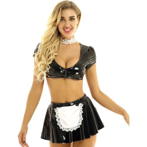 Women Wetlook Faux Leather Maid Cosplay Costumes Sexy Erotic Lingerie Outfit Deep V Neck Crop Top Flared Mini Skirt Choker 3Pcs