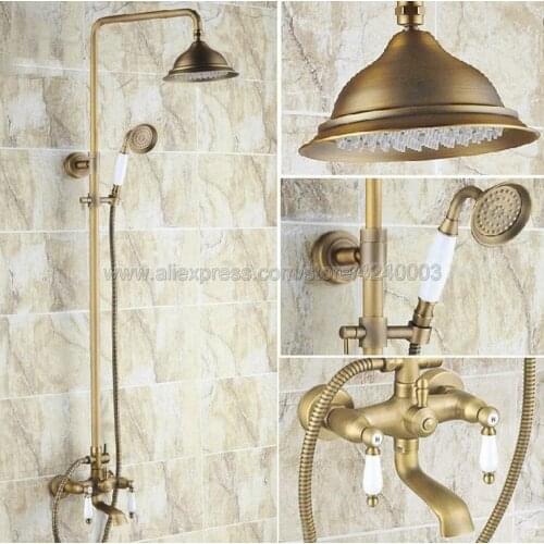 Antique Brass Double Handles Bathroom Mixer Tap Tub Swivel Spout Hand Shower Shower Faucet Krs144